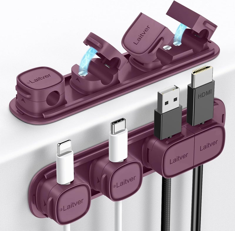 Laitver 6 Pack Magnetic Cable Clips [1s Open/Lock], Cord Organizer Holder Strong Adhesive Desk Cable Management- Organize Charging Cords Neatly for Home, Office, Car,Desk, Nightstand-Dark Purple - Image 1